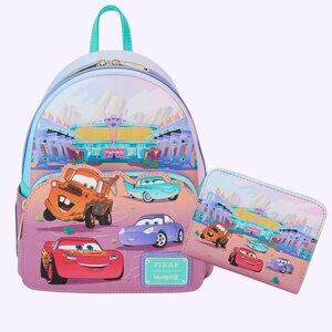 Loungefly Disney Pixar Cars Flo's Diner Mini Backpack and Wallet Set NWT